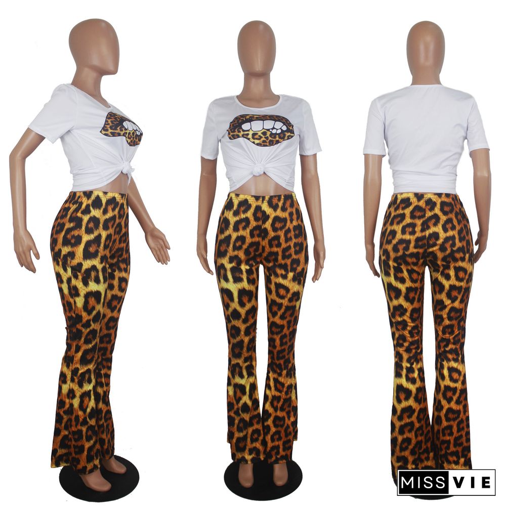 Women Casual Lip Print O-Neck Short Sleeve T-shirts High Waist Leopard Flared Long Pants 2 Piece Set