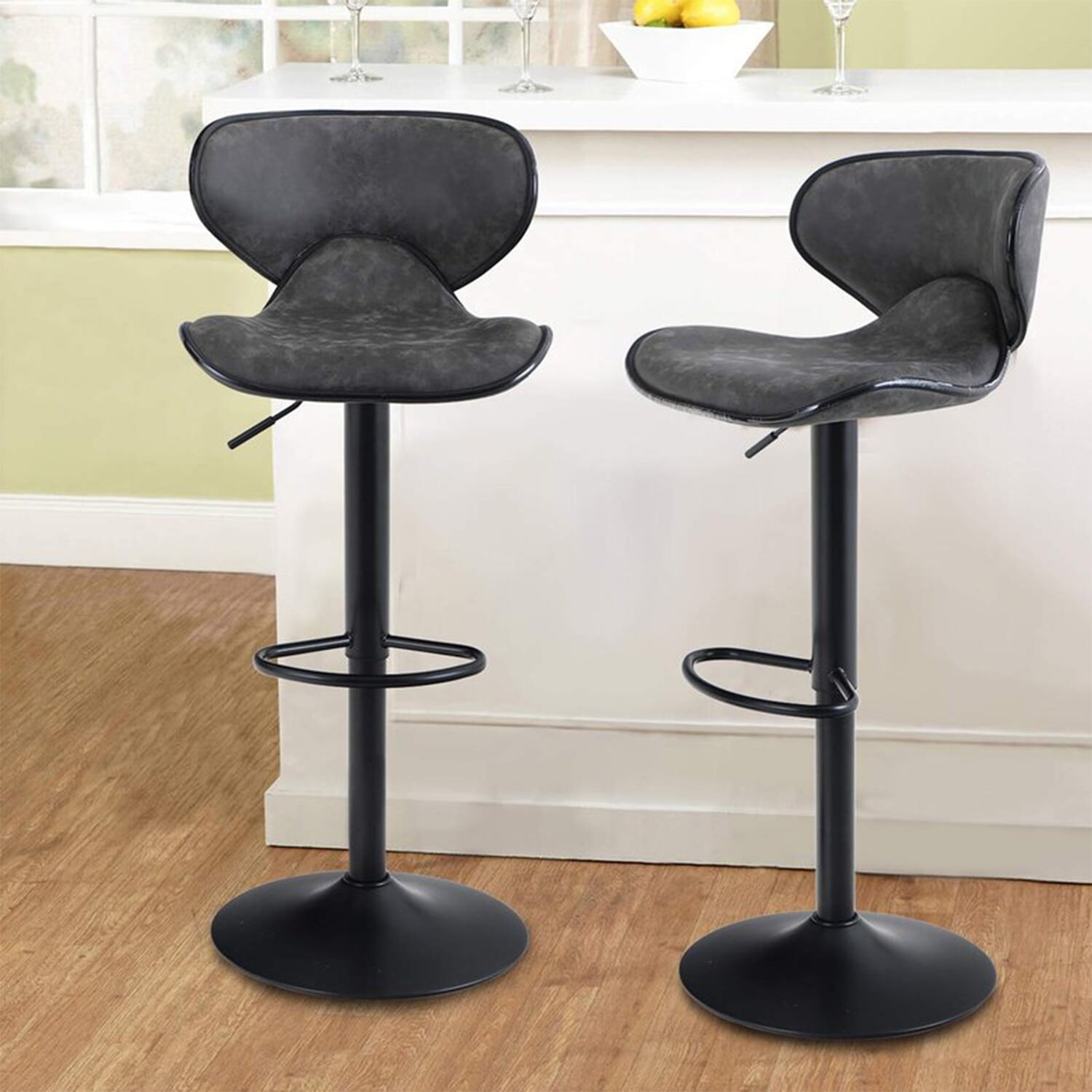 2PCS Metal Bar Stools Swivel Barstools with Back Support Adjustable Counter Height Modern Pu LeatherDining Chairs Set