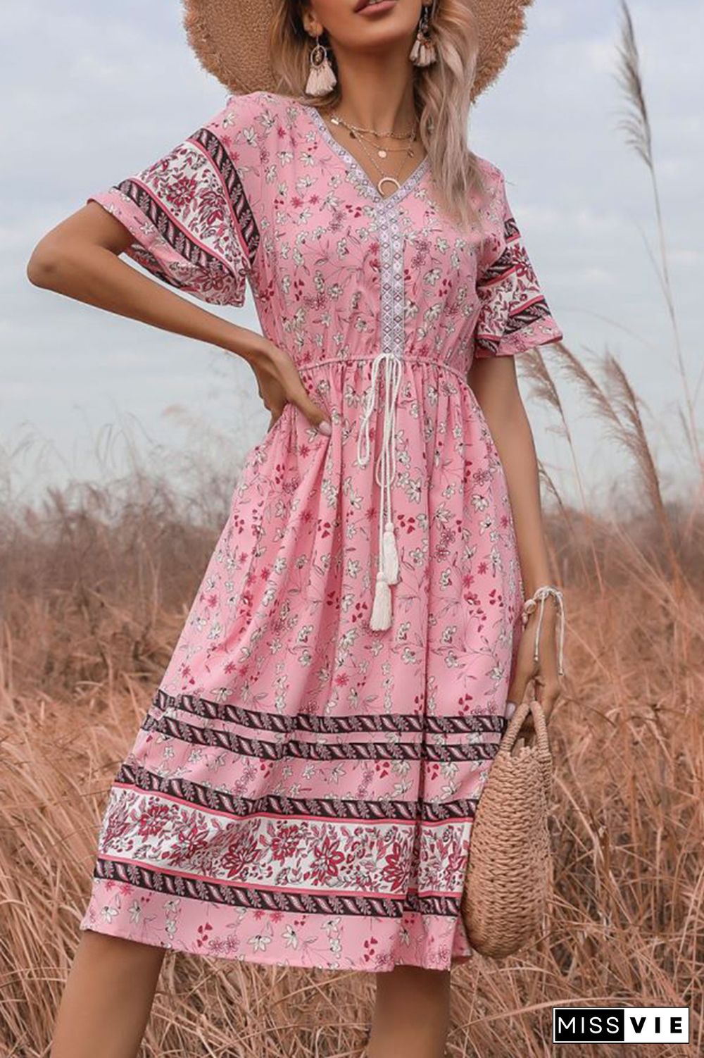 Bohemia Style Pink Floral Print Dress Wholesale