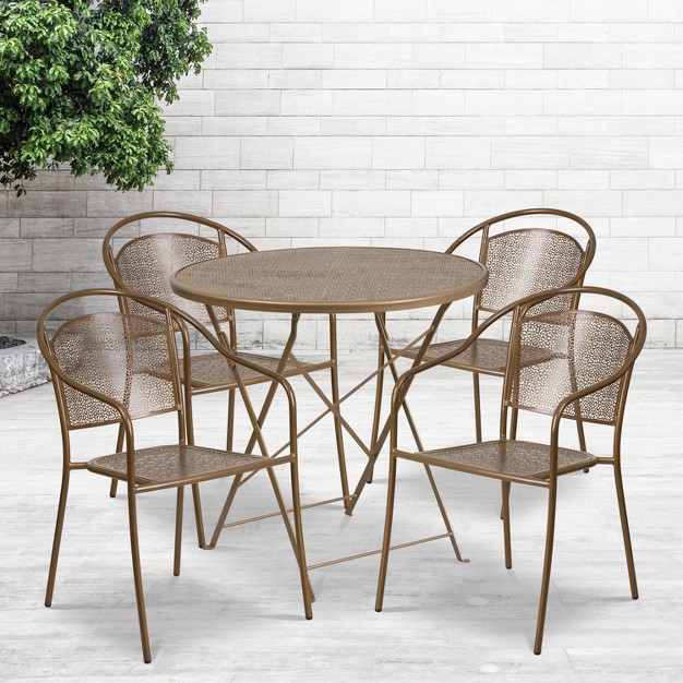 Round Indoor outdoor Steel Folding Patio Table Set With 4 Round Back Chairs