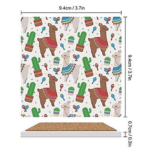 Colourlife Square Drink Coasters 2 Pcs Brown And White Alpacas And Cactus Absorbent Ceramic Coffee Coasters For Drinks With Cork Base Housewarming Gif