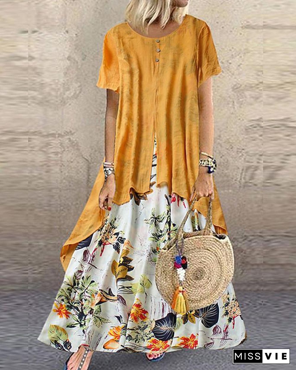 Women's Maxi long Dress - Short Sleeve Floral Layered Button Print Summer Plus Size Hot Casual Holiday vacation dresses Loose  Purple Yellow Pink Orange Green M L XL XXL 3XL 4XL 5XL