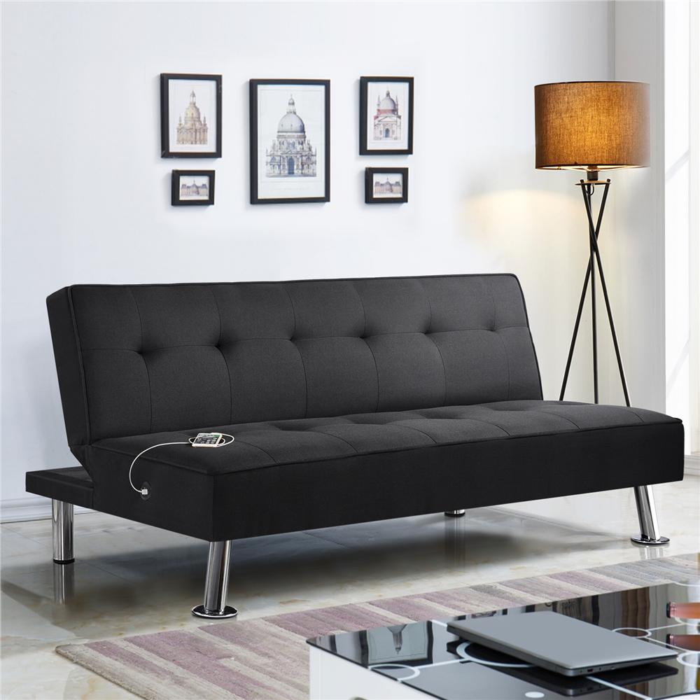 Alden Design Modern Fabric Convertible Futon with USB， Black