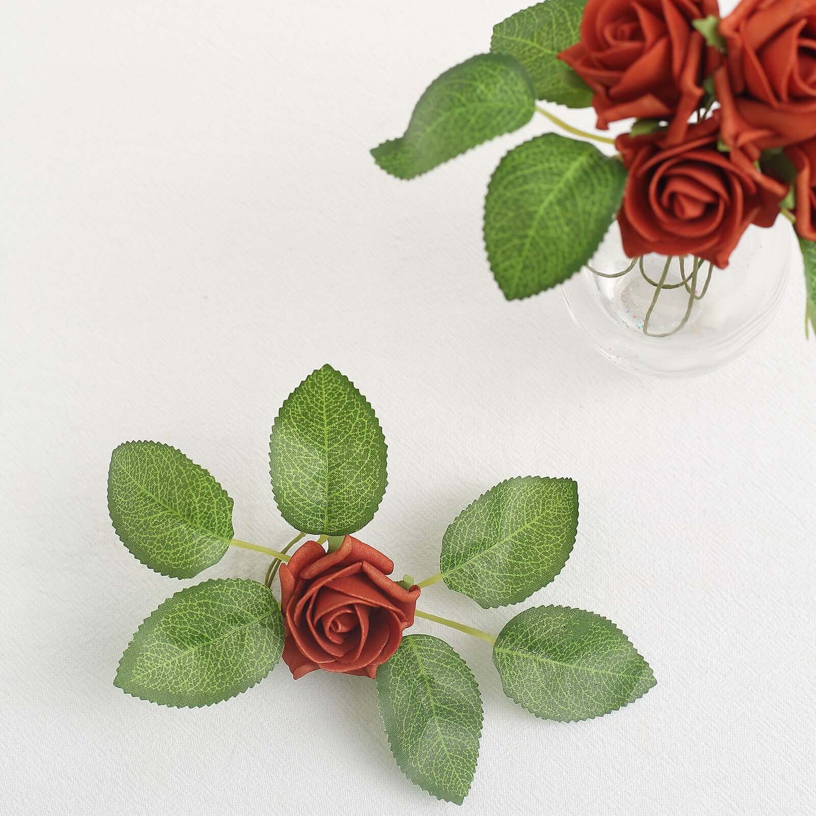 24 Roses Terracotta (Rust) Artificial Foam Flowers With Stem Wire and Leaves 2