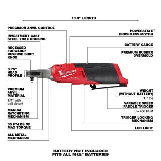 MW M12 FUEL 12V Lithium-Ion Brushless Cordless High Speed 38 in. Ratchet with Brushless High Speed 14 in. Ratchet 2567-20-2566-20