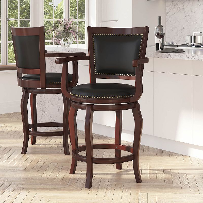 Merrick Lane Aletta Series Panel Back Stool with Arms and Faux Leather Swivel Seat