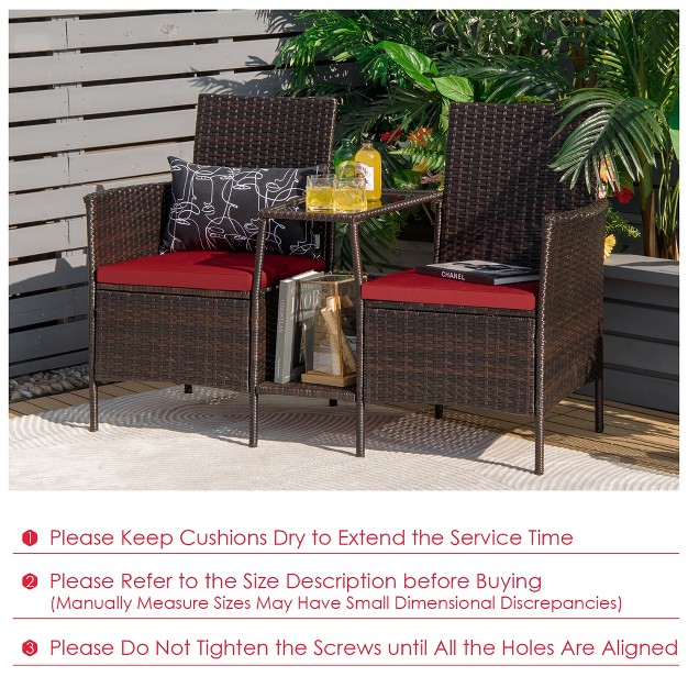 Costway Patio Rattan Wicker Conversation Set Sofa Cushioned Loveseat Glass Table