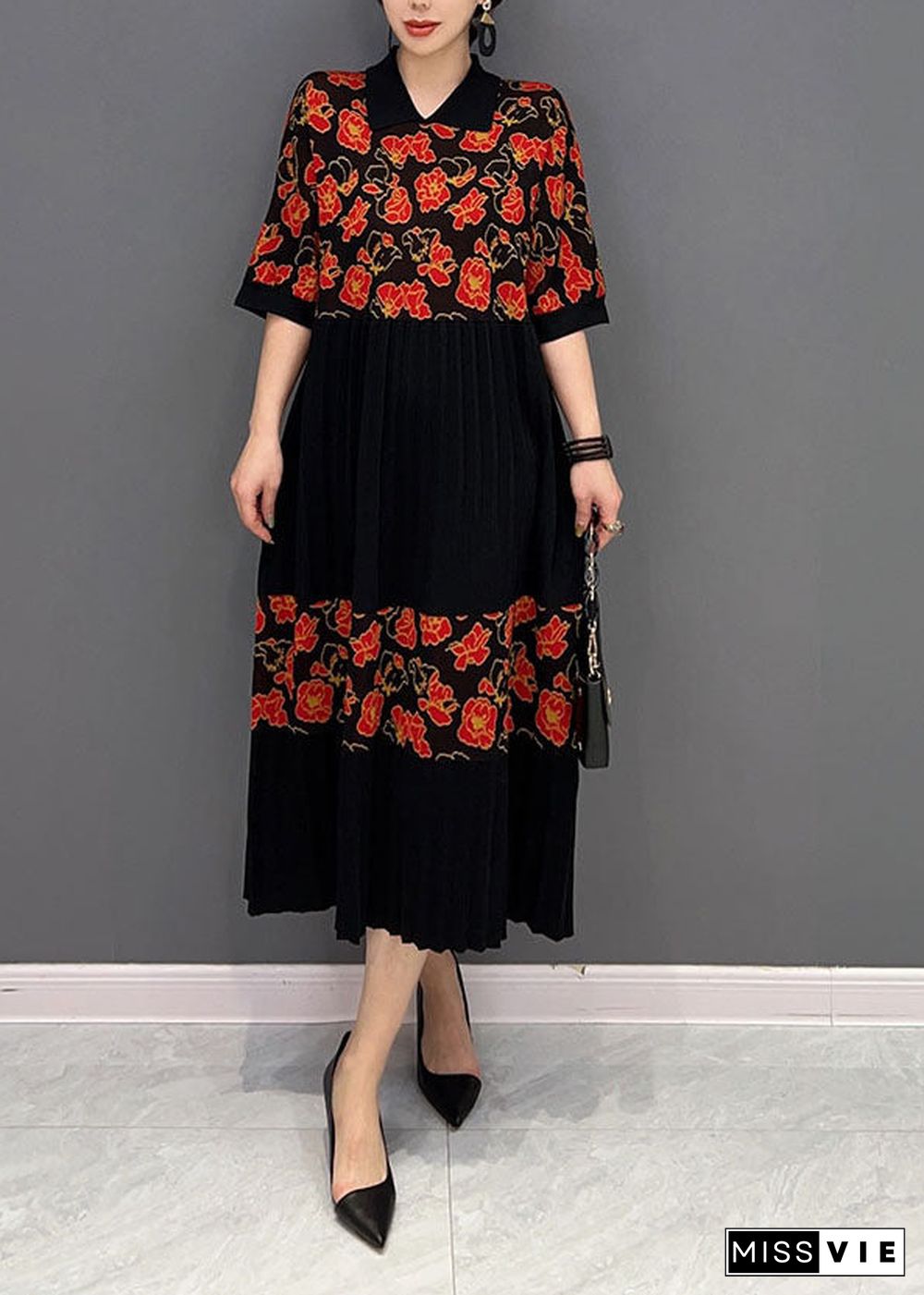 Red Patchwork Knit Pleated Dresses Turn-down Collar Print Summer