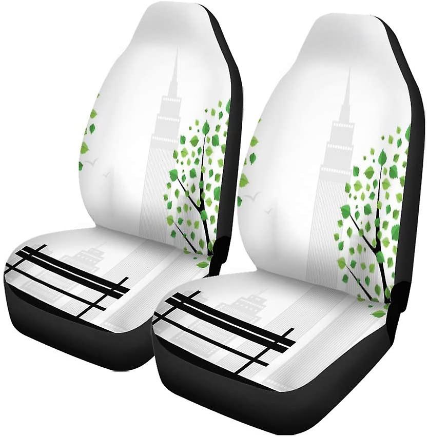 Set Of 2 Car Seat Covers Green Park City Abstract Tree Bench Silhouette Street Beam Universal Auto Front Seats Protector Fits