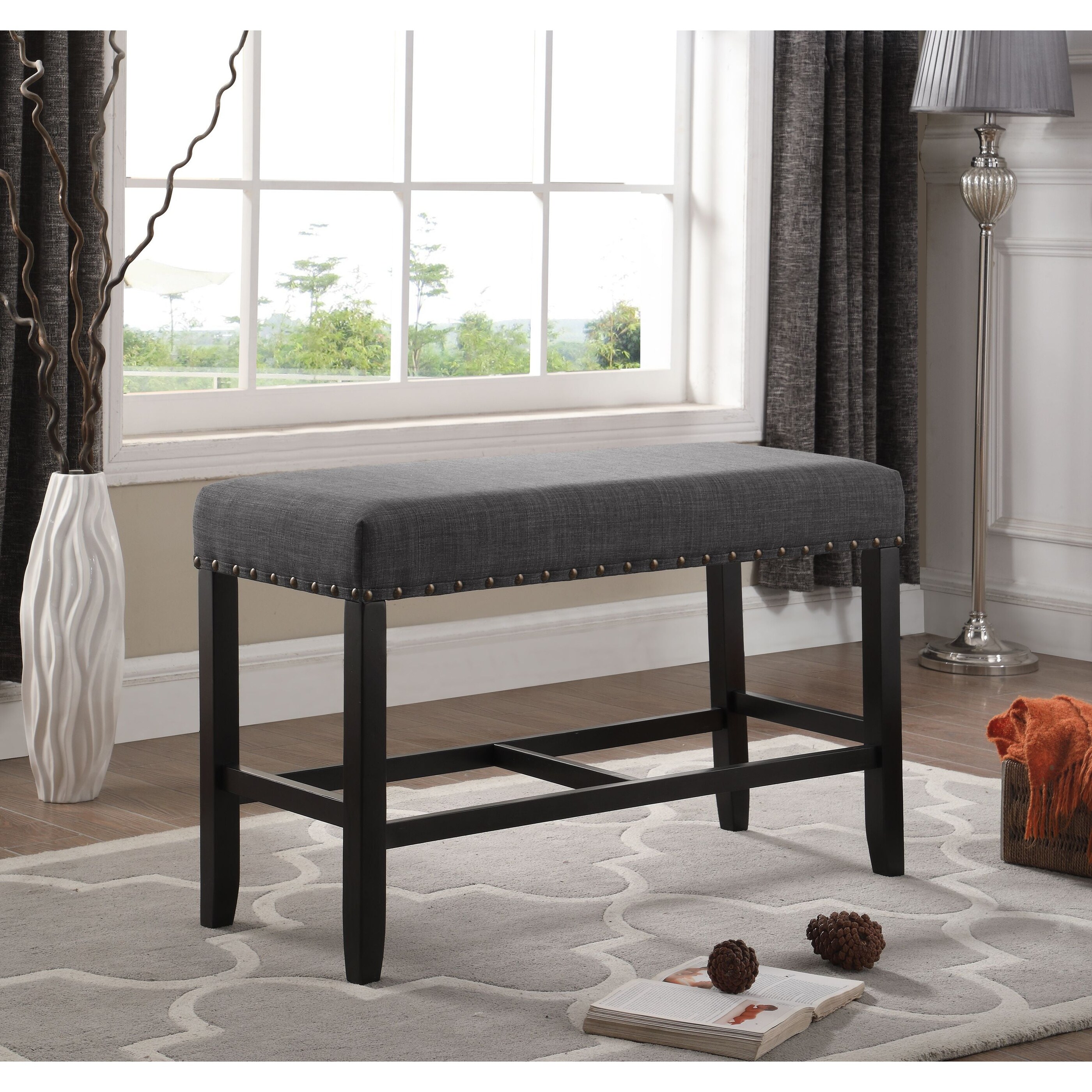 Biony Gray Fabric Counter Height Dining Bench with Nailhead Trim