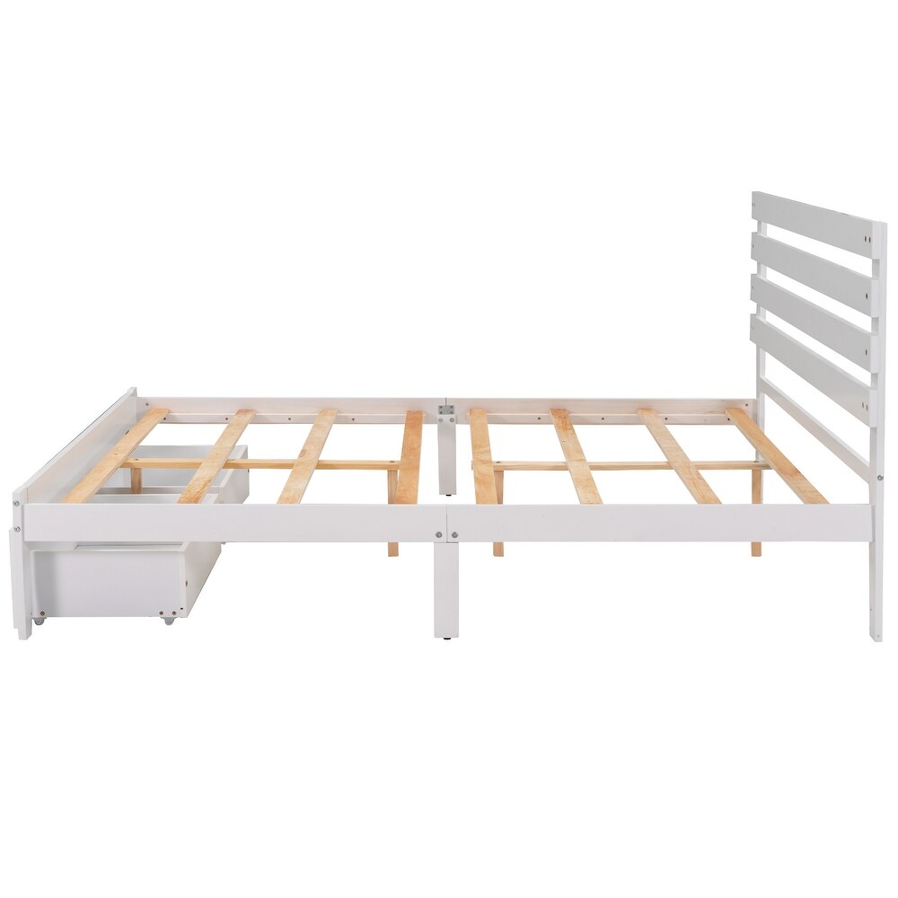 Solid Pine Platform Bed Frame with 2 Storage Drawers   Headboard