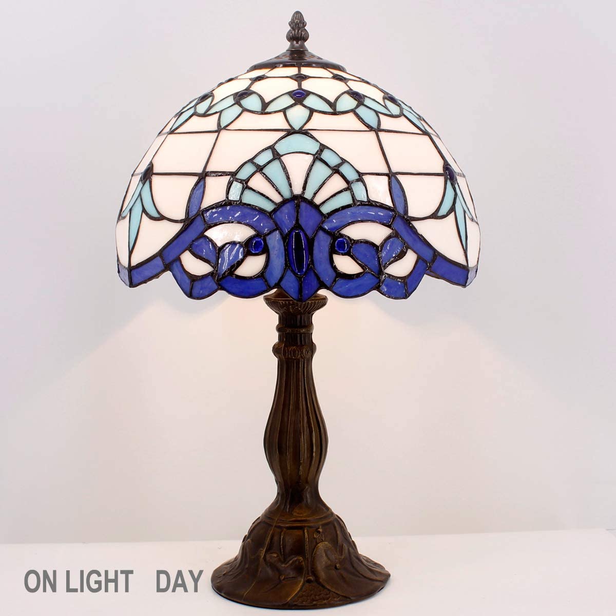 SHADY  Table Lamp Navy Blue Baroque Stained Glass Style Desk Bedside Reading Light 12X12X18 Inches Decor Bedroom Living Room Home Office S003B Series