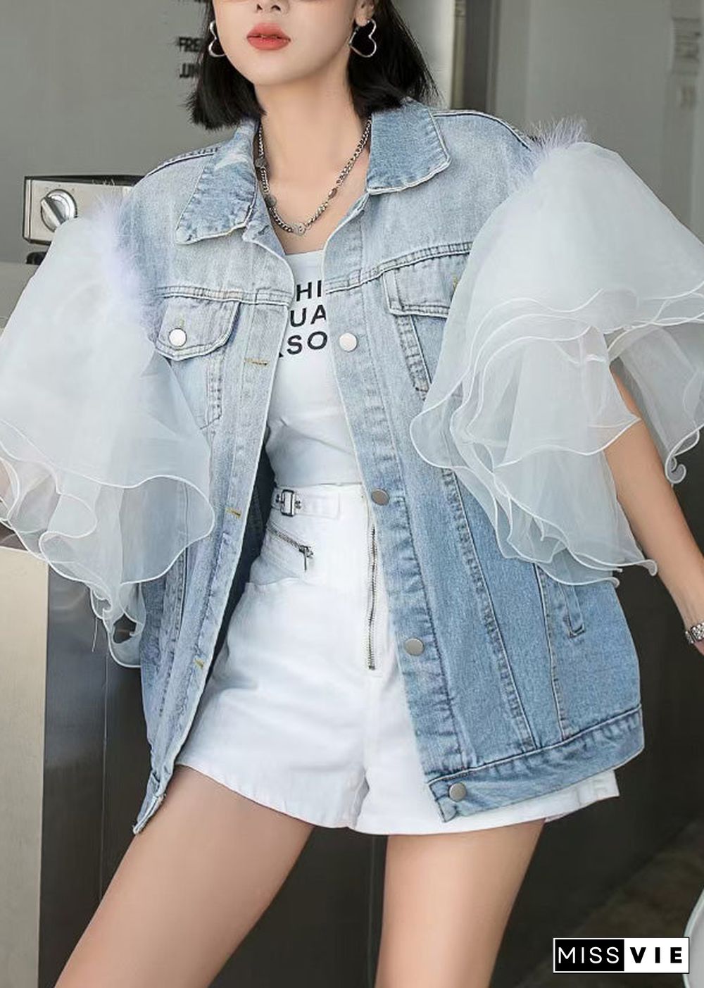 Style Blue Ruffled Tulle Patchwork Button Coats Short Sleeve