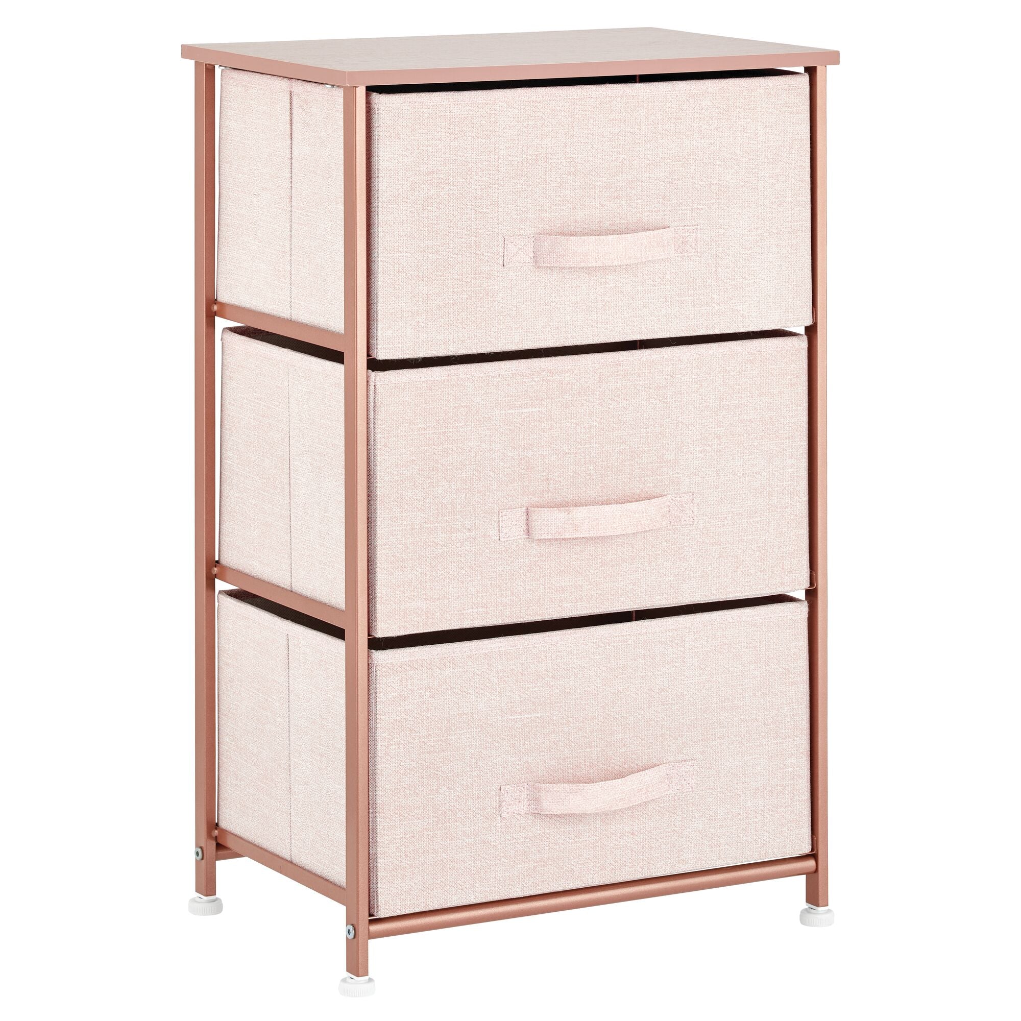 mDesign Steel Top and Frame Storage Dresser Tower Unit with 3 Removable Fabric Drawers for Bedroom, Living Room, or Bathroom - Holds Clothes, Accessories, Lido Collection - Light Pink/Rose Gold