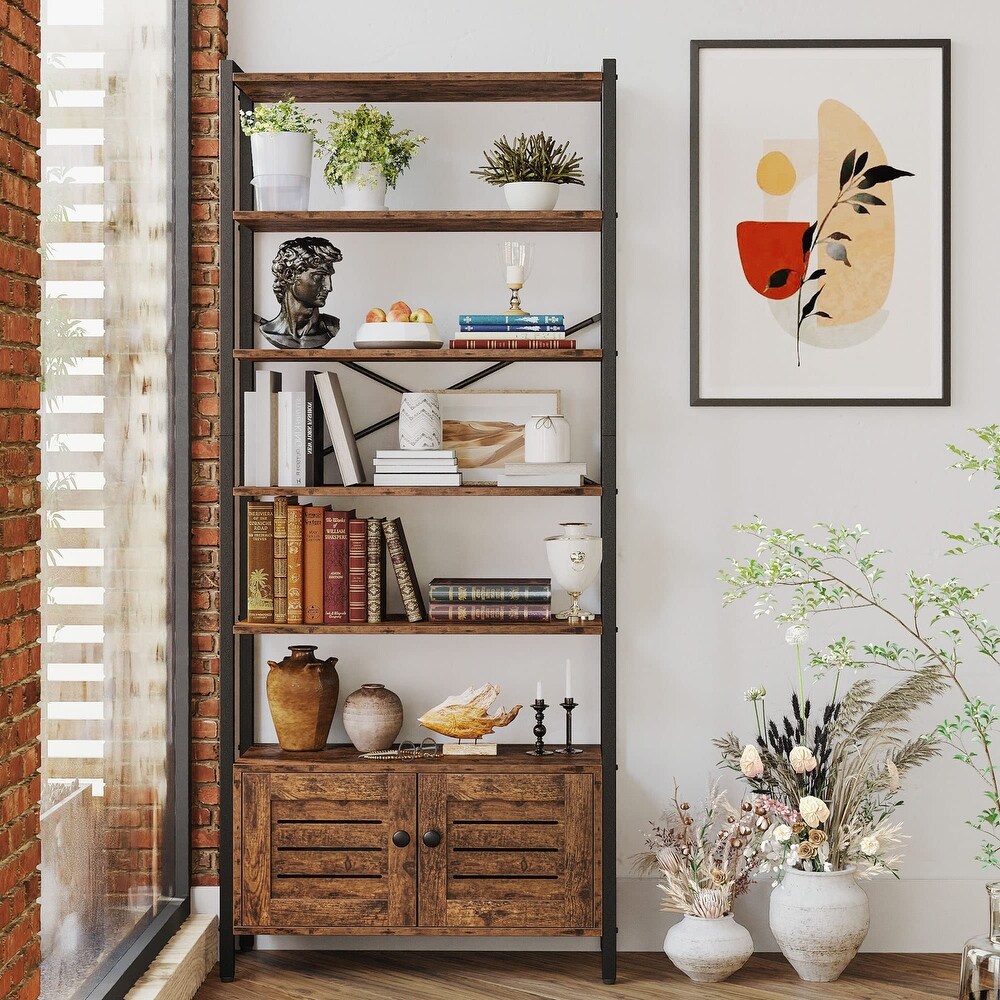 Bookshelf and Bookcase with 2 Louvered Doors and 5 Shelves  Standing Storage Cabinet for Living Room