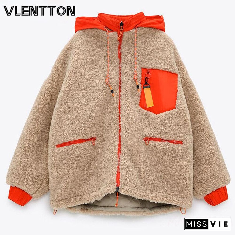 New Winter Thick Warm Lambswool Hooded Jacket Coat Women Casual Zipper Patchwork Loose Outwear Female Oversize Parkas Mujer