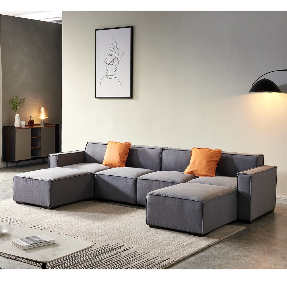 U Shape Convertible Modular Sectional Sofa with Reversible Ottoman