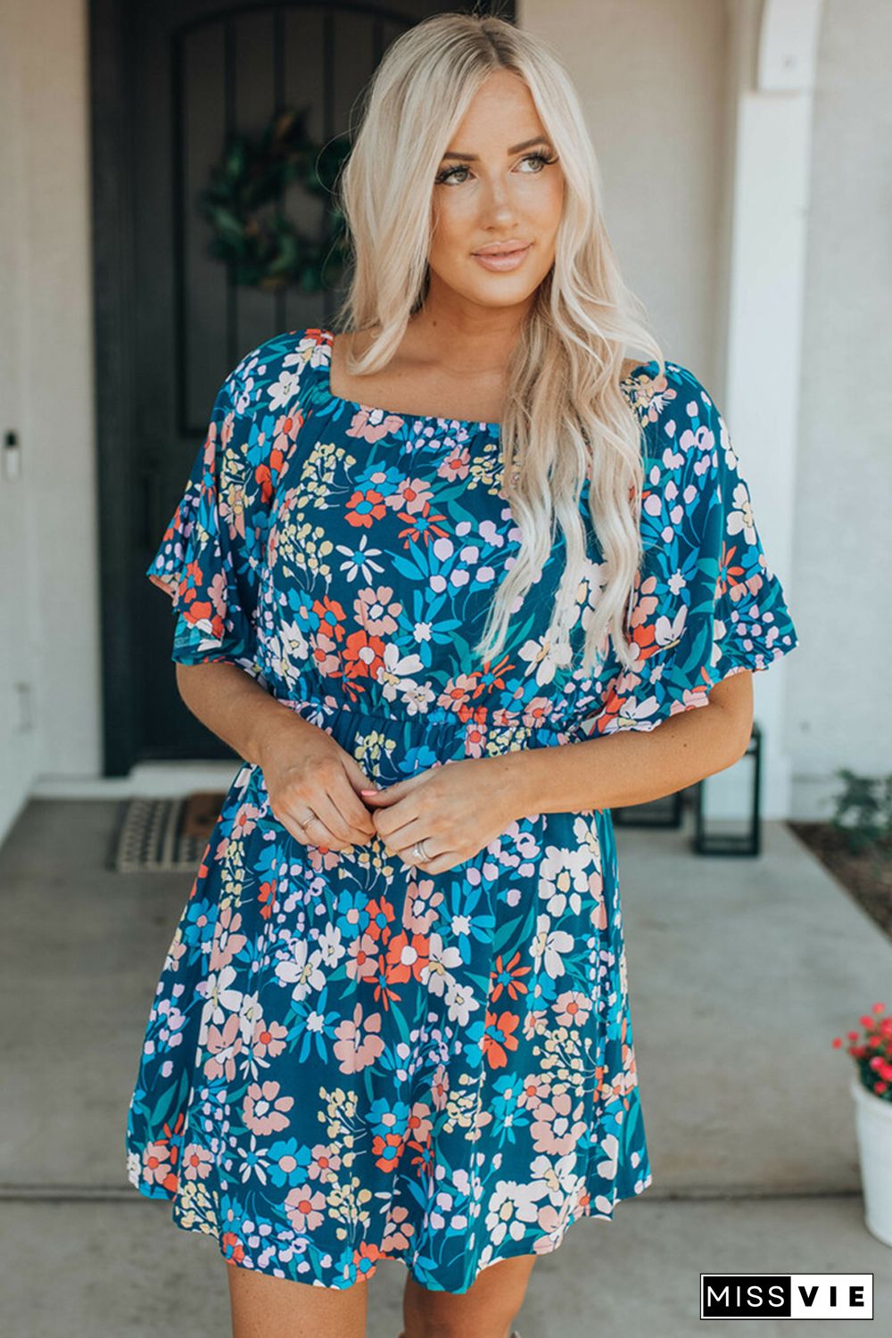 Blue Square Neck Ruffle Floral Dress