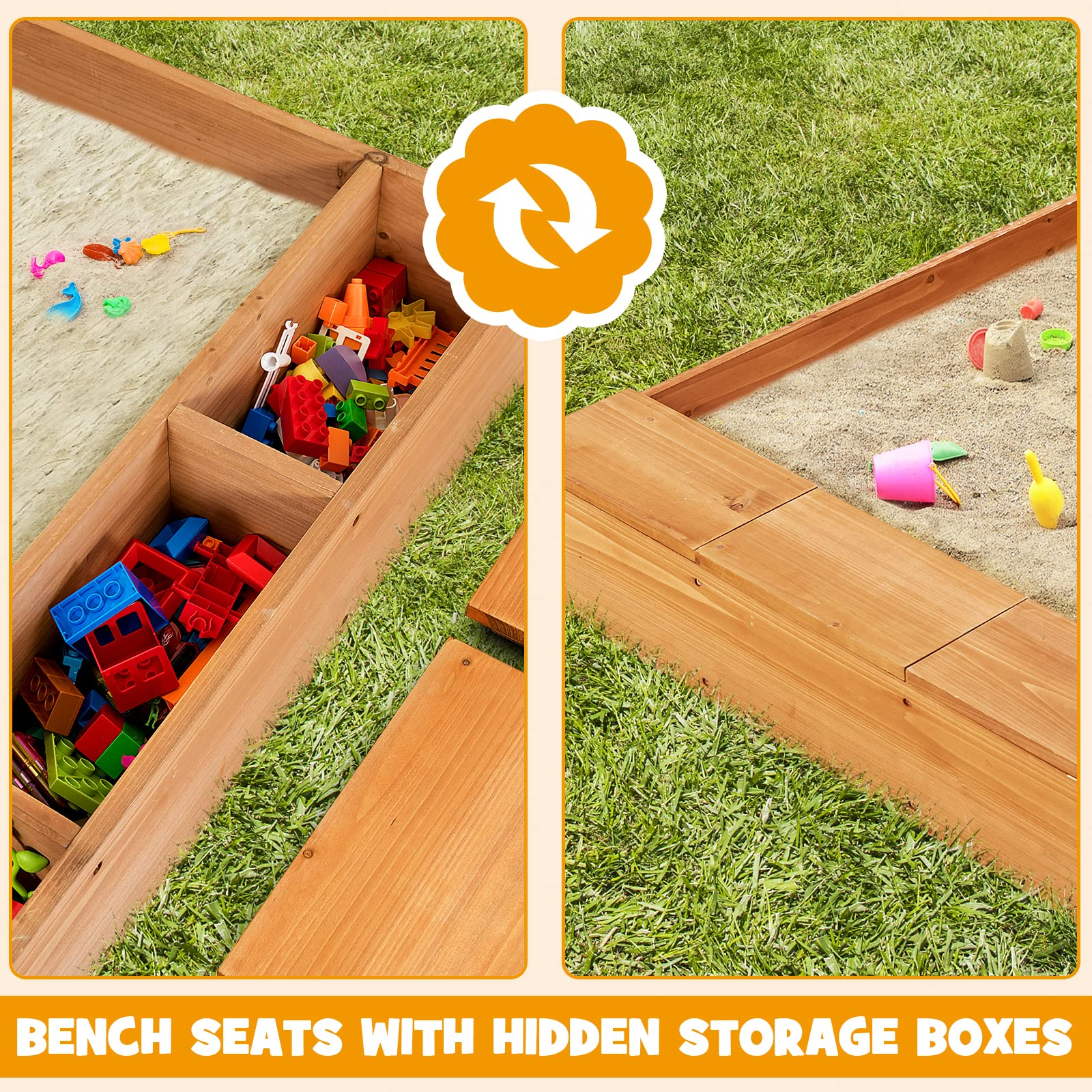 Costzon Wooden Sandbox with Cover, Sand Wall, Bottom Liner, Bench Seat with Toy Storage Space, Waterproof Coating, Kids Outdoor Play