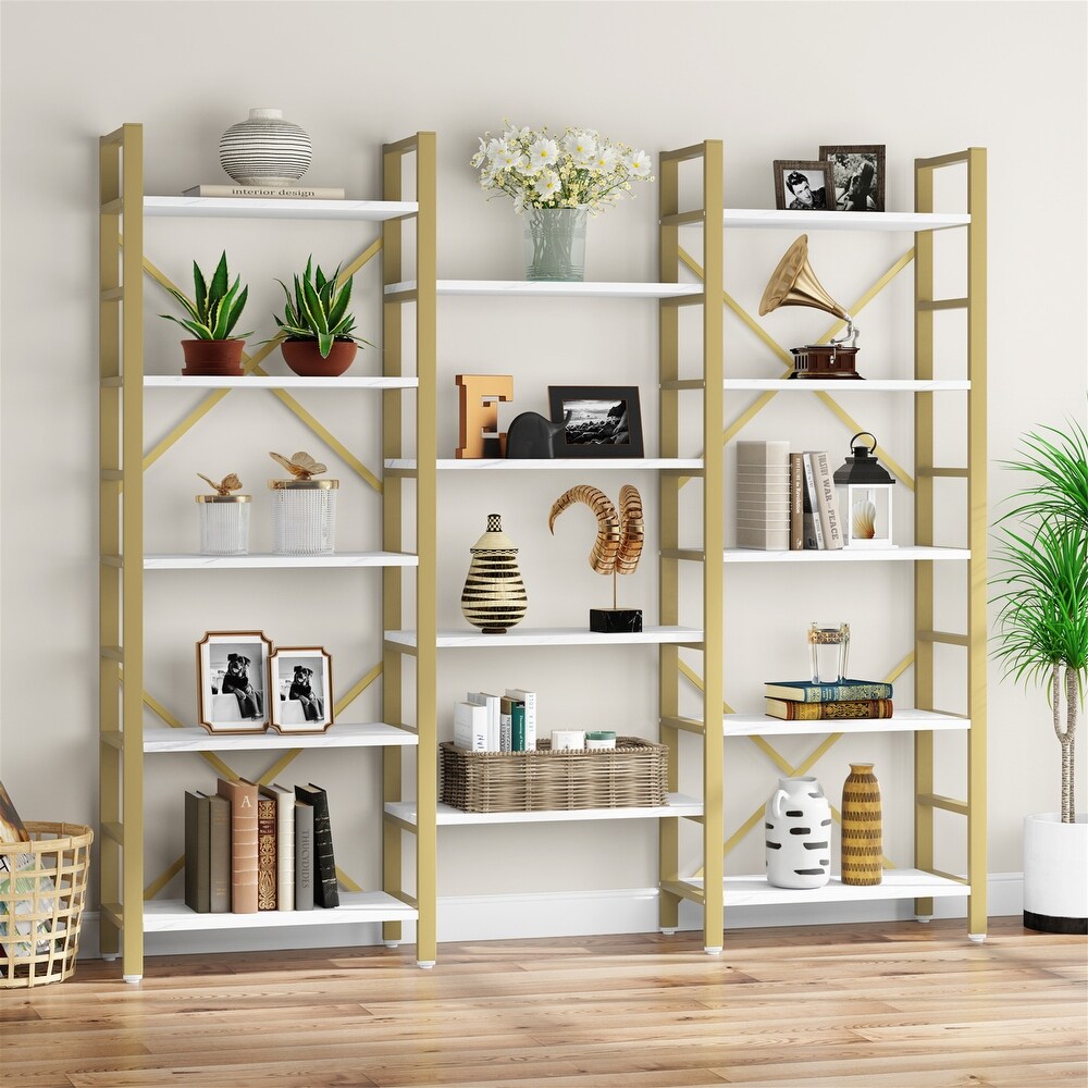 Brown/ Black Industrial Large Triple Wide 5 Shelf Etagere Bookcase Bookshelf  Display Decorative Shelf White Modern Bookshelves