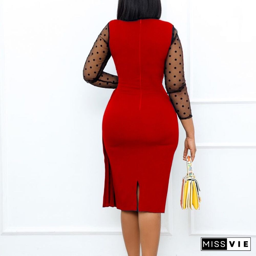 Fashion Mesh Panel Slim Fit Hip Slit African Dress Women Mesh Long Sleeve High Waist Bodycon Dress Vestidos De Mujer