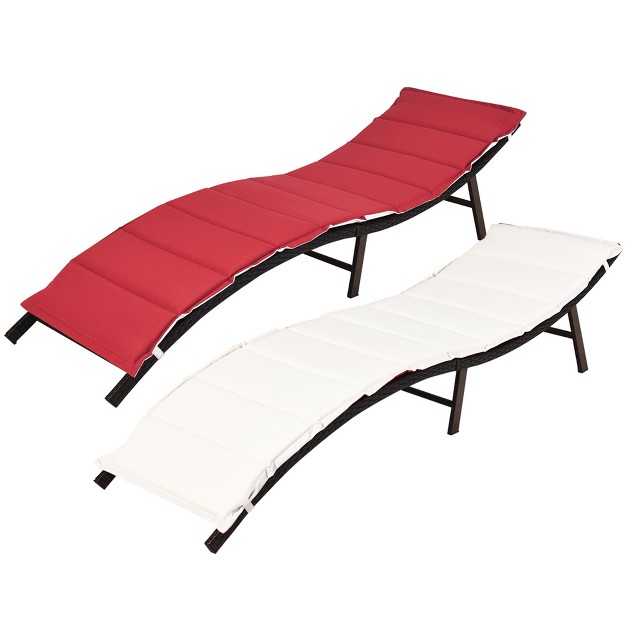 Costway 2pcs Patio Rattan Folding Lounge Chair Stackable Double Sided Cushion Outdoor Red