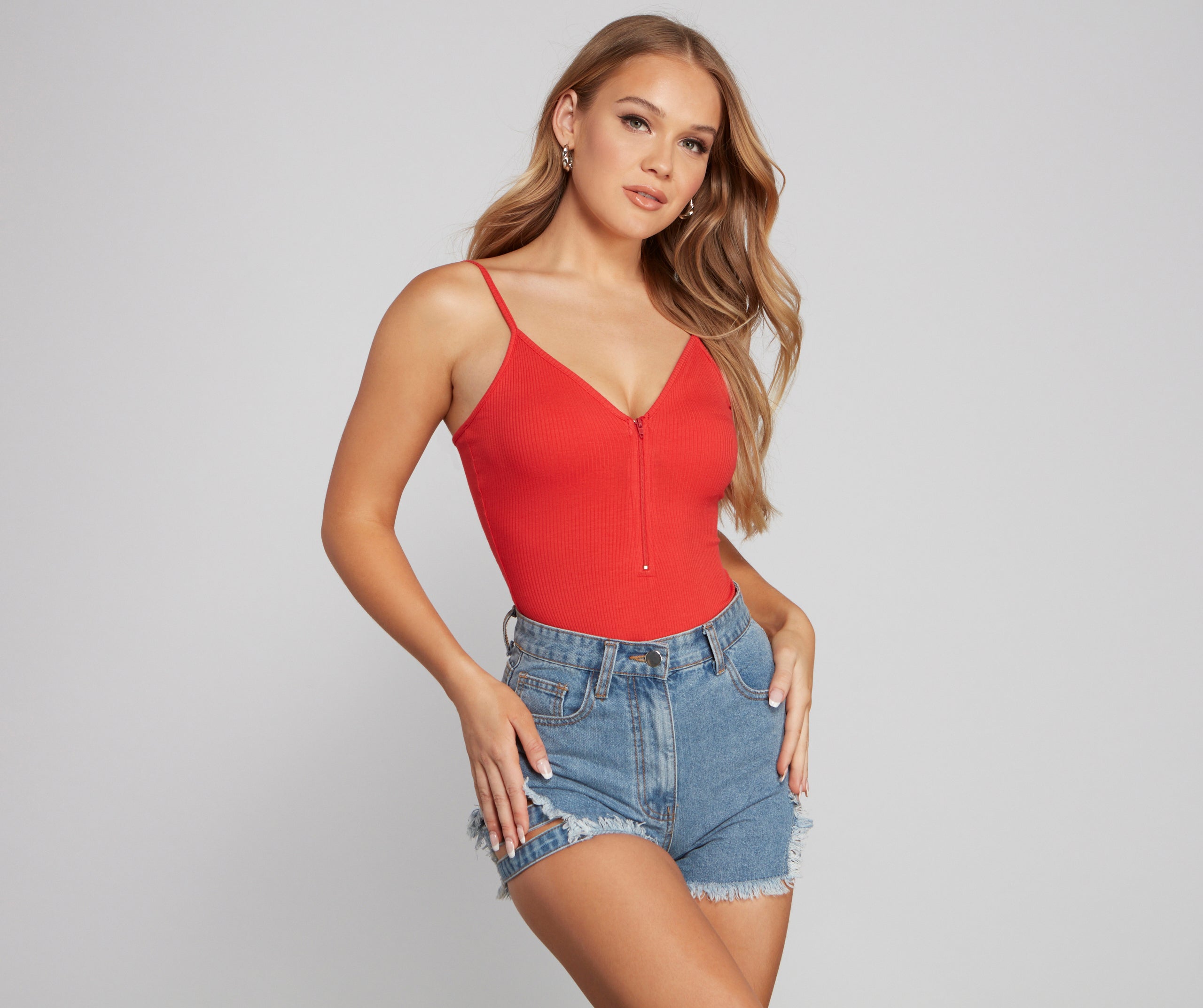 Basic Zip-Front Ribbed Knit Bodysuit