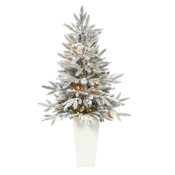 44 Flocked Artificial Christmas Tree with 50 Lights in White Planter