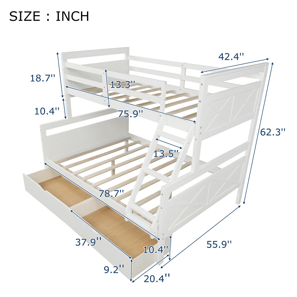 Twin Over Full Bunk Bed with Two Storage Drawers, Pine Wood Bed Frame and Guardrails and Ladder for Kids and Teens Trundle, White