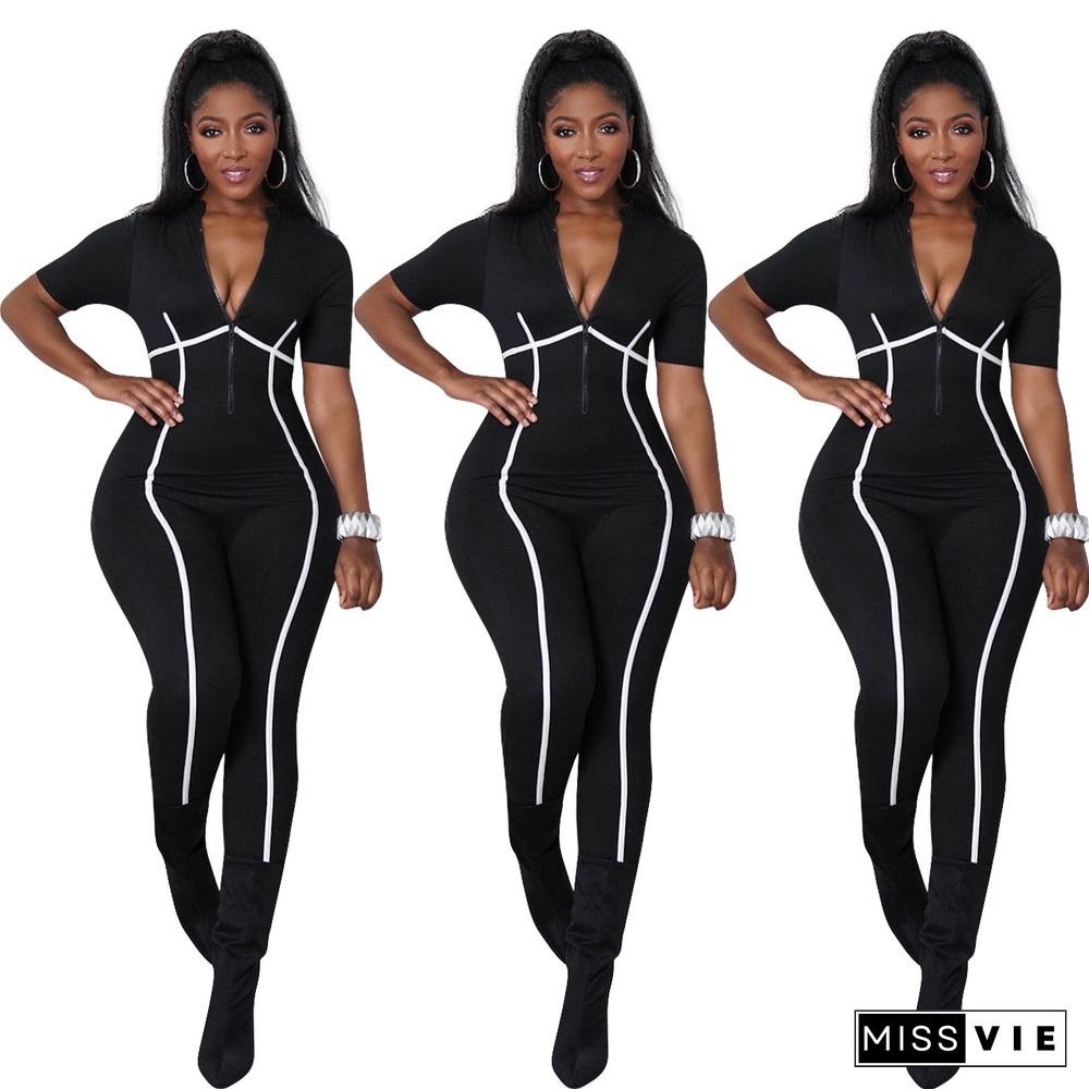 Black Active Wear Zipper Fitness Short Sleeve Jumpsuit