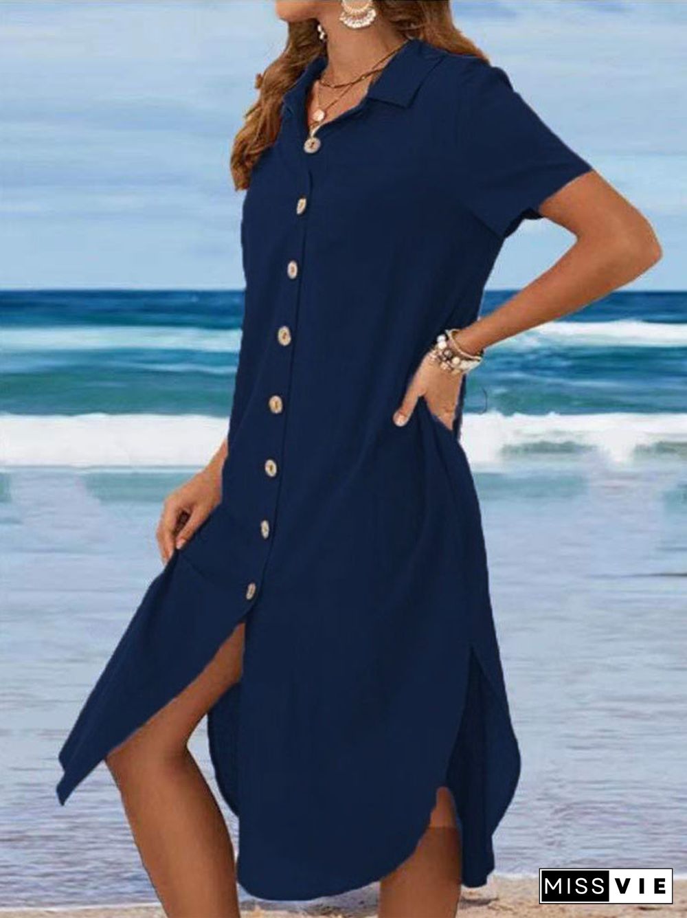 Women's Short Sleeve V-neck Buttons Midi Dress