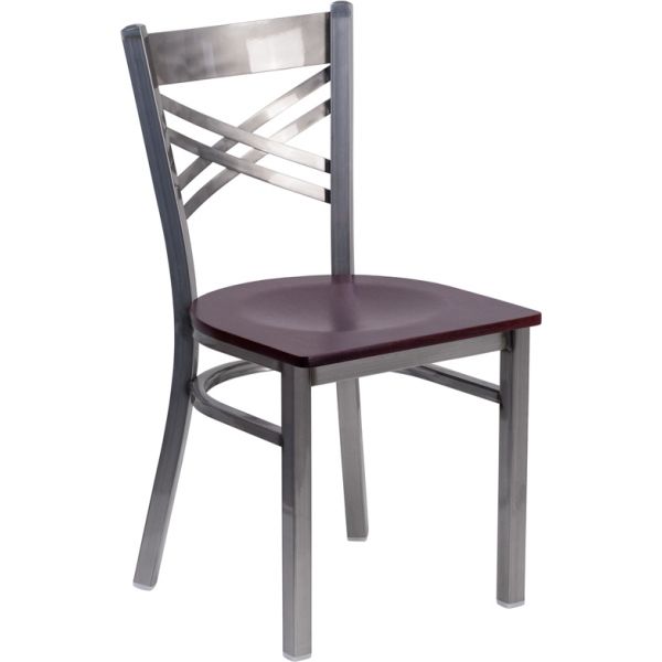 HERCULES Series Clear Coated ''X'' Back Metal Restaurant Chair - Mahogany Wood Seat