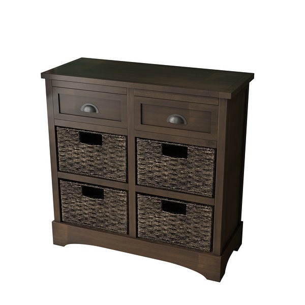 Rustic Storage Cabinet with Two Drawers and Four Classic Rattan Basket for Dining Room/Living Room