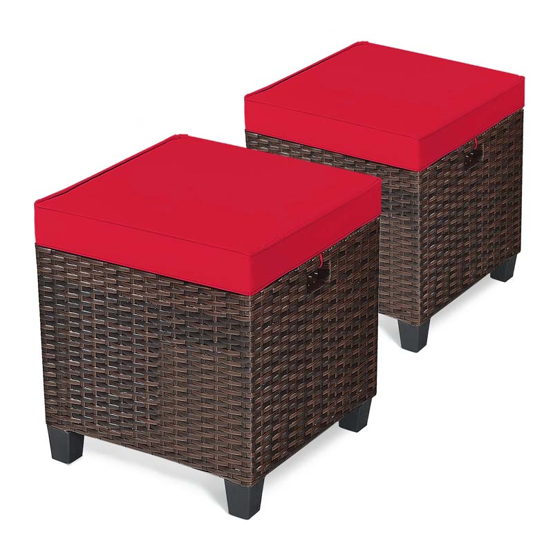 2 Pcs Rattan Patio Ottoman Set with Removable Cushions, All Weather Wicker Outdoor Footstool Footrest Seat