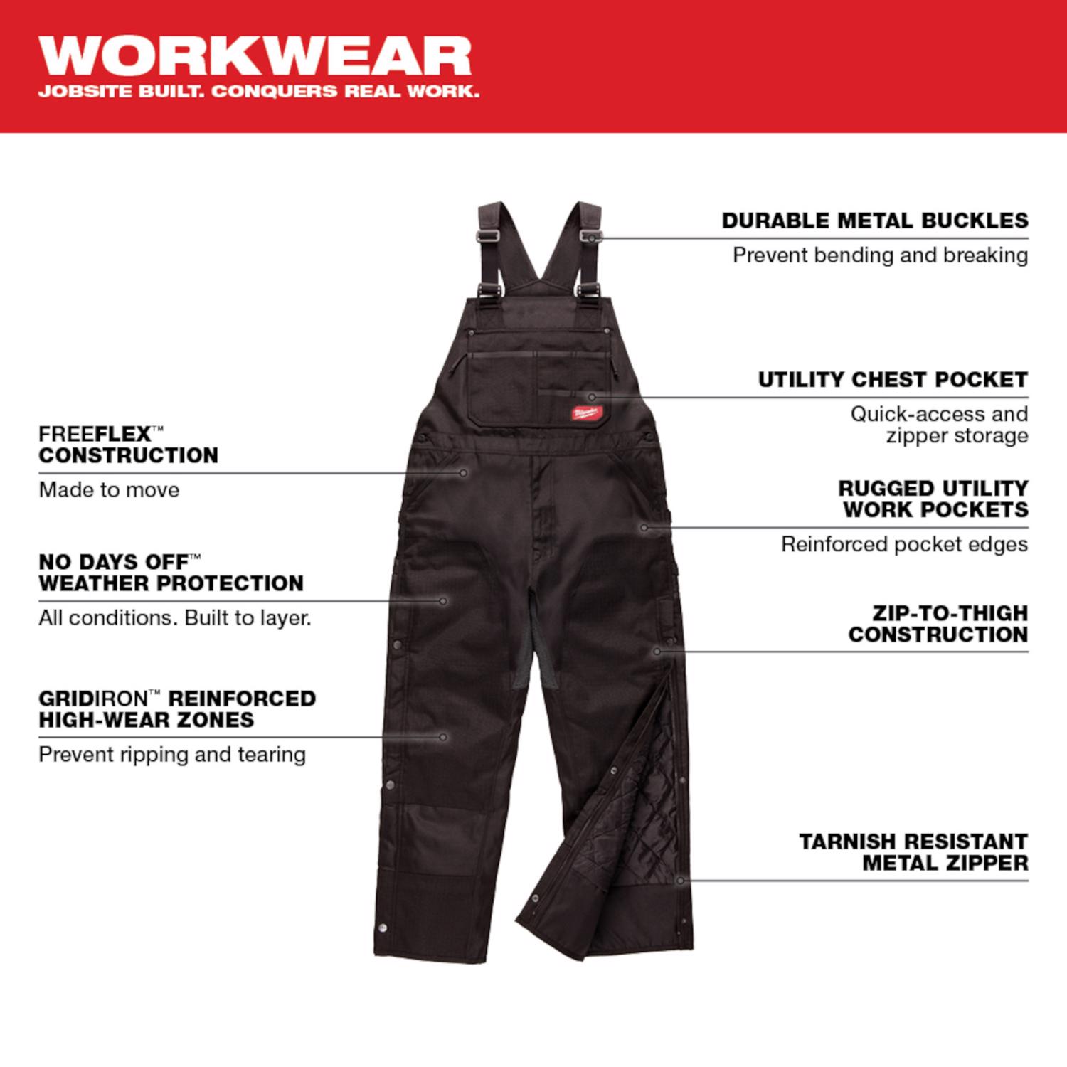 MW Gridiron Men\u0027s Cotton/Polyester Zip-to-Thigh Bib Overalls Black M 1 pk