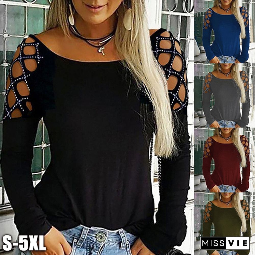 New Women’s Fashion Autumn Tops Hollow Out Long Sleeve Solid Color Loose Plus Size Casual Blouses