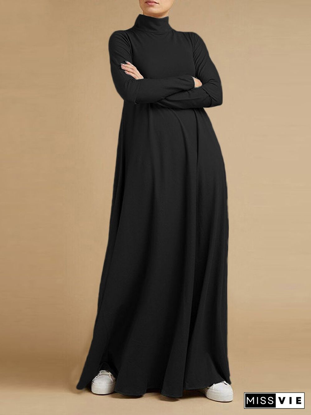 Casual Loose 4 Colors High-Neck Long Sleeves Maxi Dress