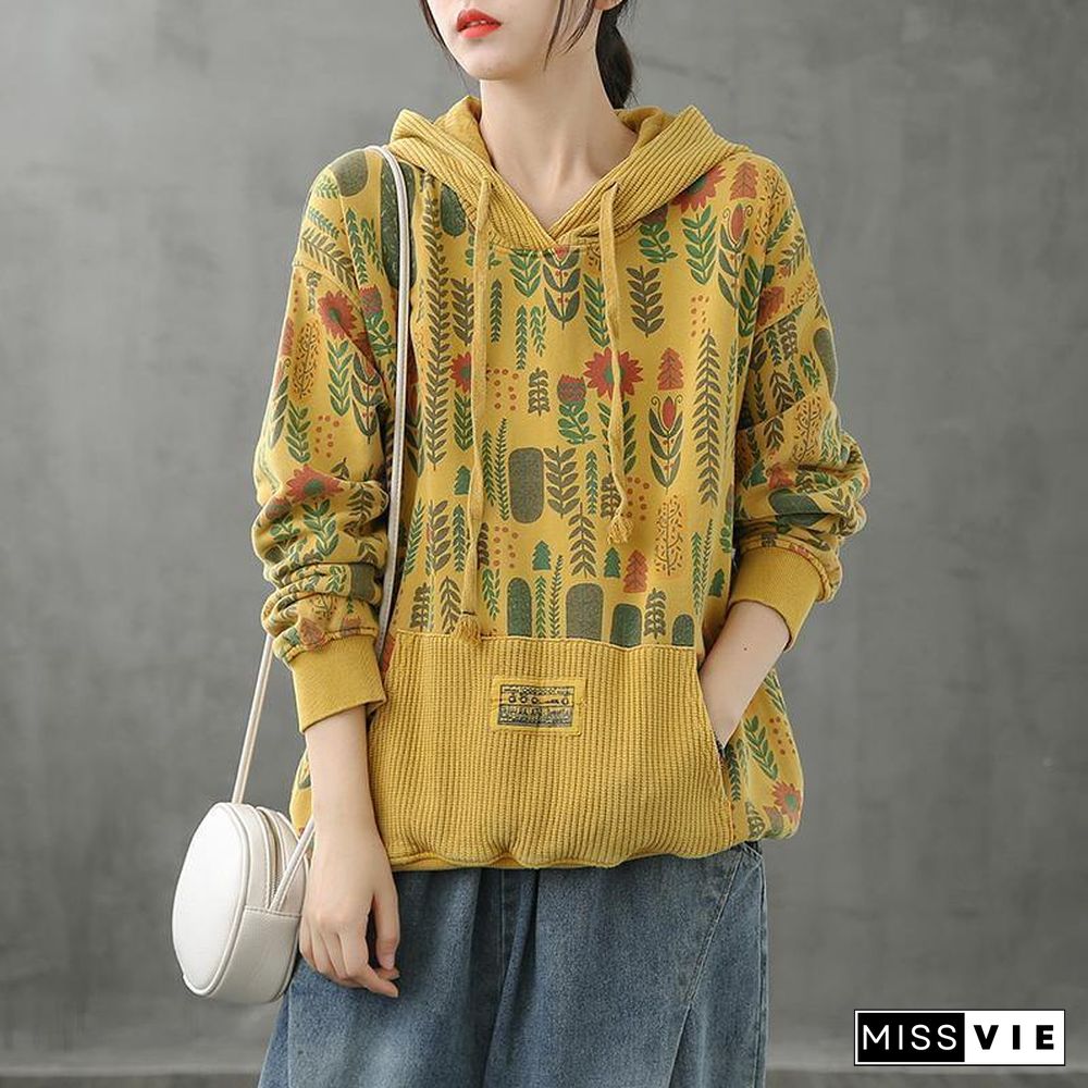 Organic hooded fall crane tops Neckline yellow Plant printing shirts