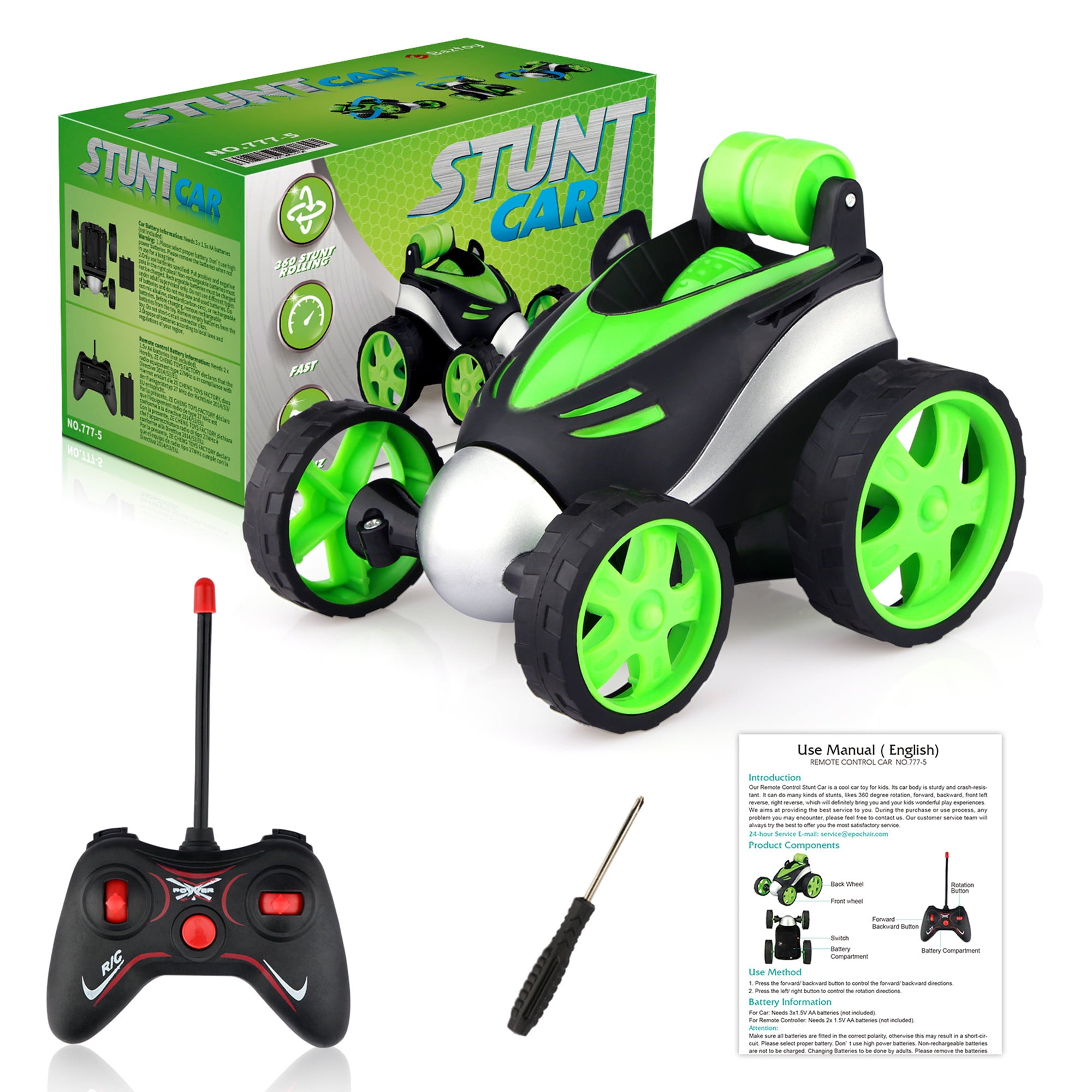 Wupuaait Remote Control Rolling Car Toys， Stunt Car with 360° Rotation Xmas Gift for 3-12 Years Old Kids， Green