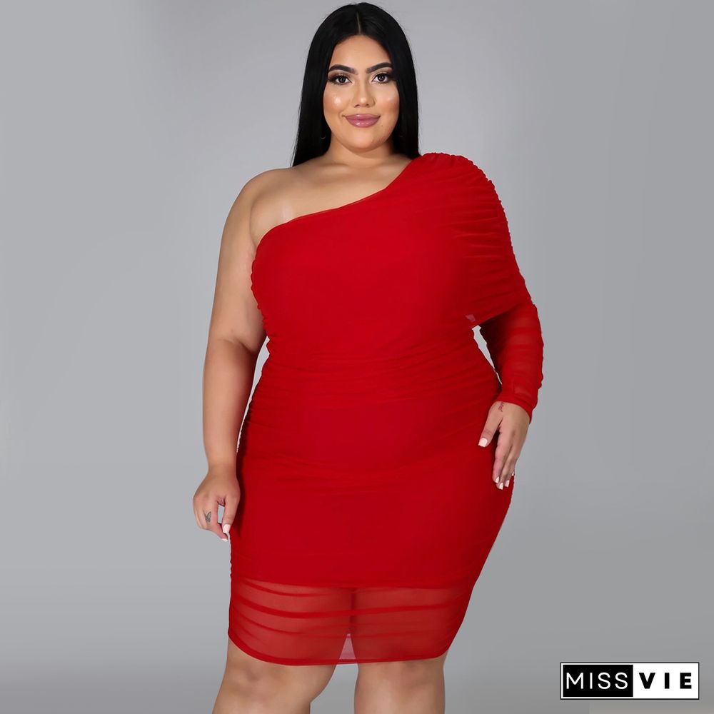 Plus Size Mesh Solid Single Sleeve Bodycon Dress