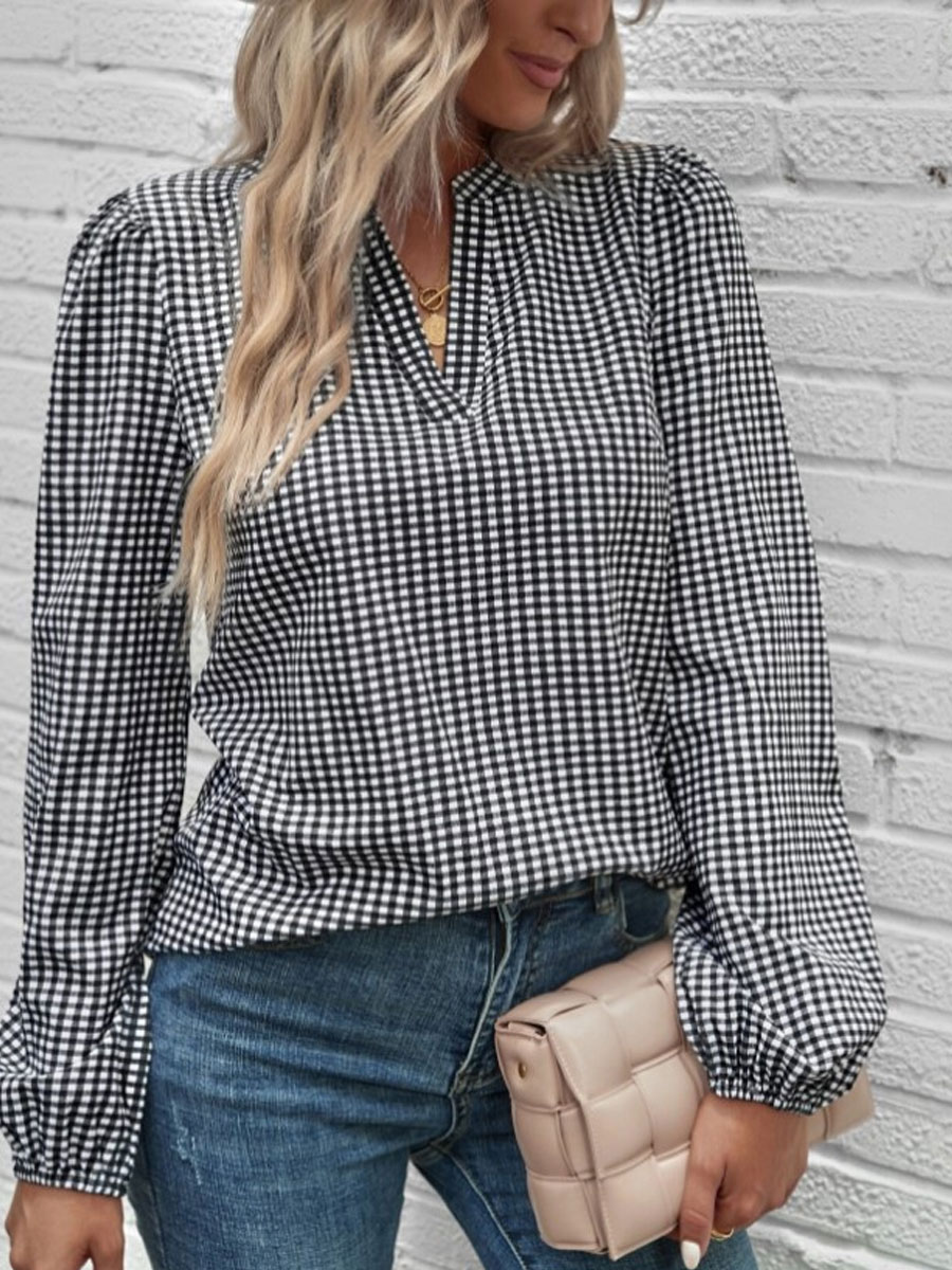 V-neck Casual Loose Check Print Long Sleeve Blouse