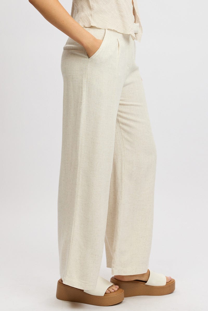Beige Wide Leg Pants Mid Rise