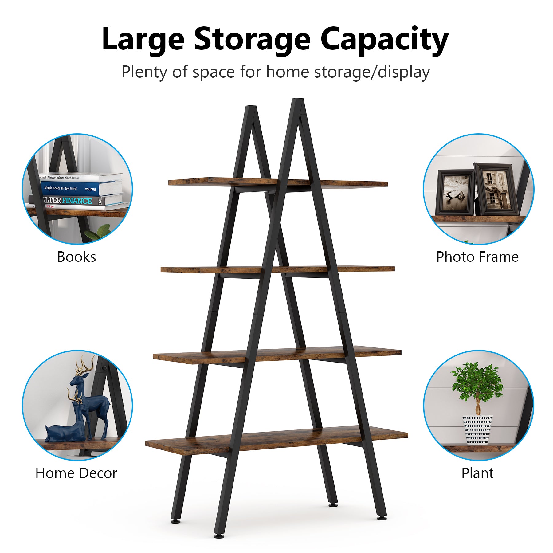 4-Tier Bookshelf, A-Shaped Bookcase Industrial Ladder Display Shelf