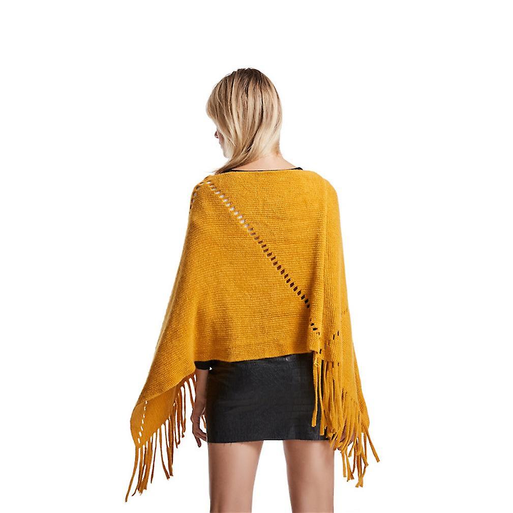 Yellow Loose Shawl Pullover Kniting Poncho With Tassel Batwing Blouse For Lady