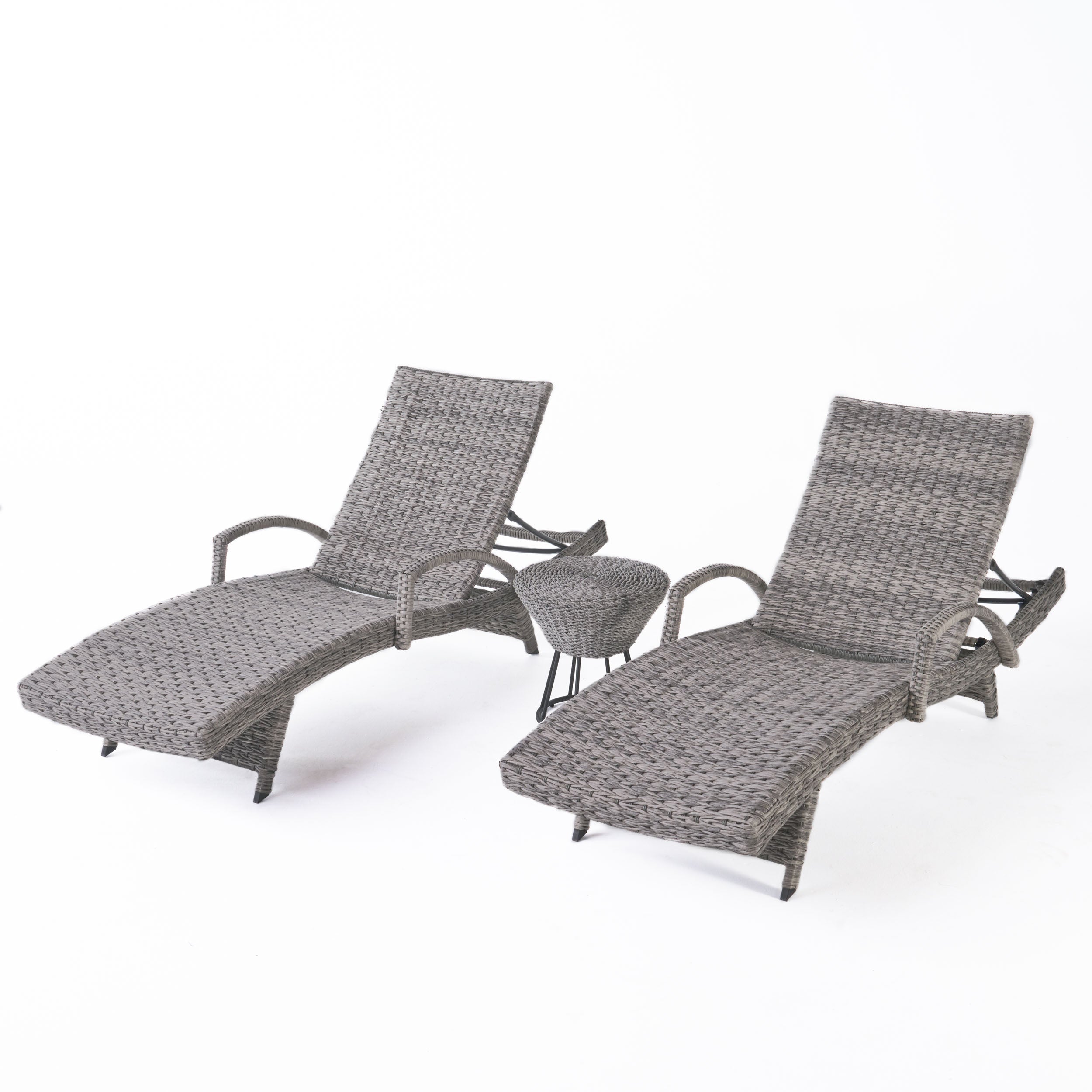 Keira Outdoor 3 Piece Gray Wicker Armed Chaise Lounges with Side Table