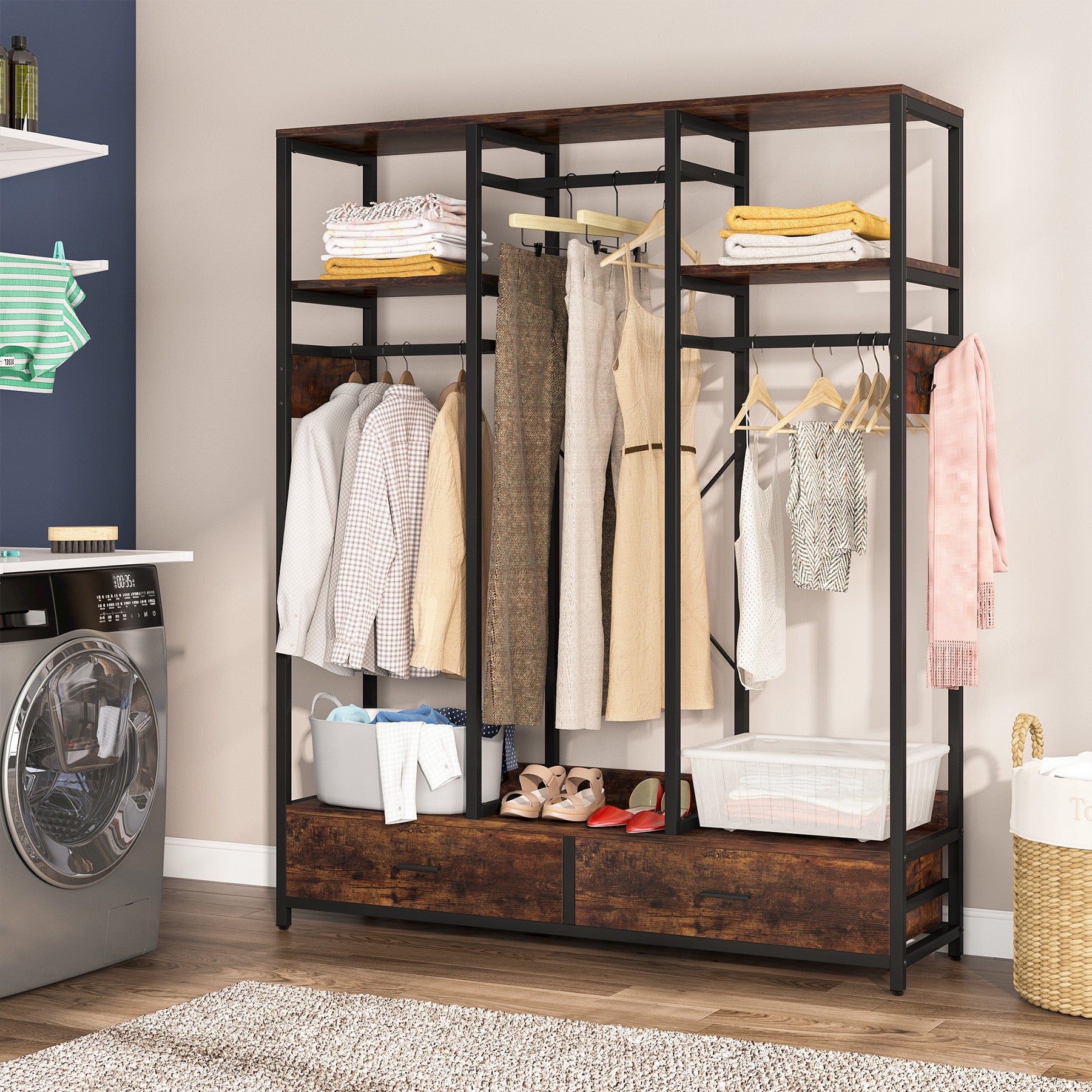 Freestanding Closet Organizer, Garment Rack with 2 Drawers & Shelves