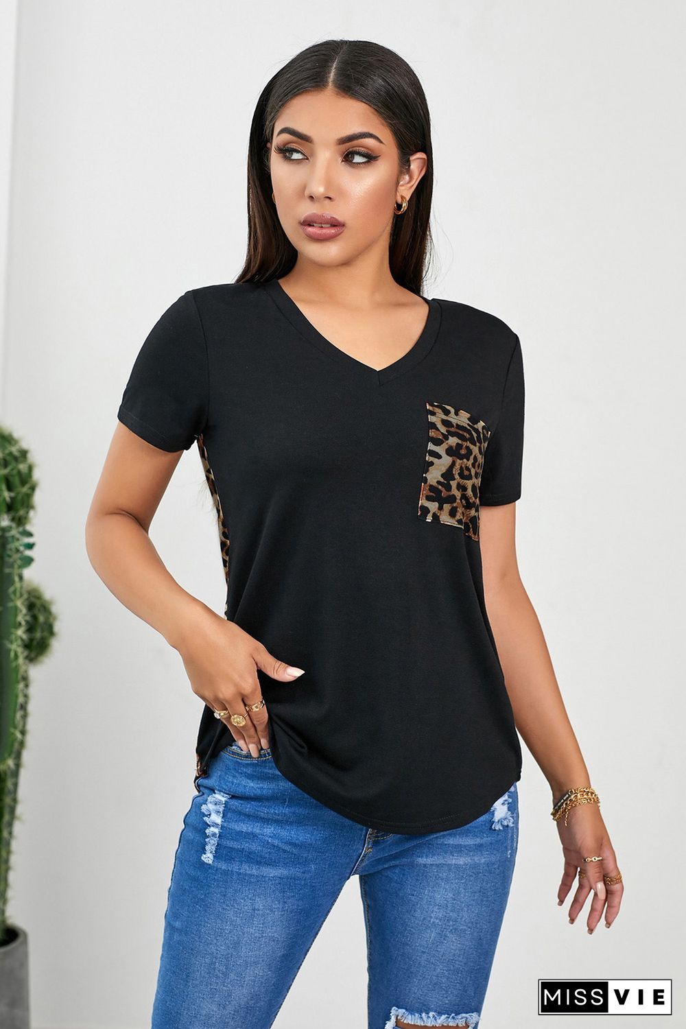 Leopard Printed Splicing T-Shirt