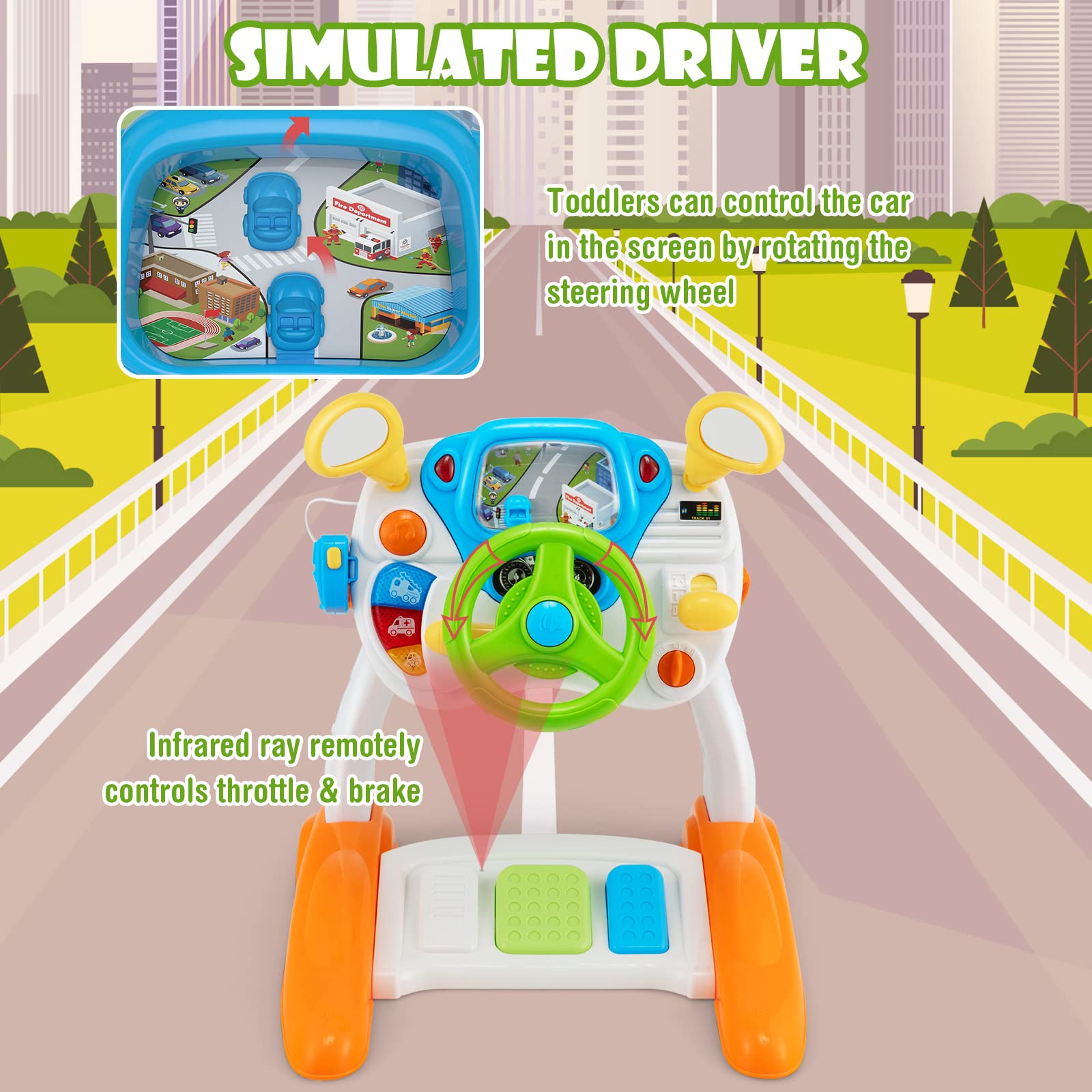 Costzon Steering Wheel Toy, Pretend Play Driving Simulated Toy