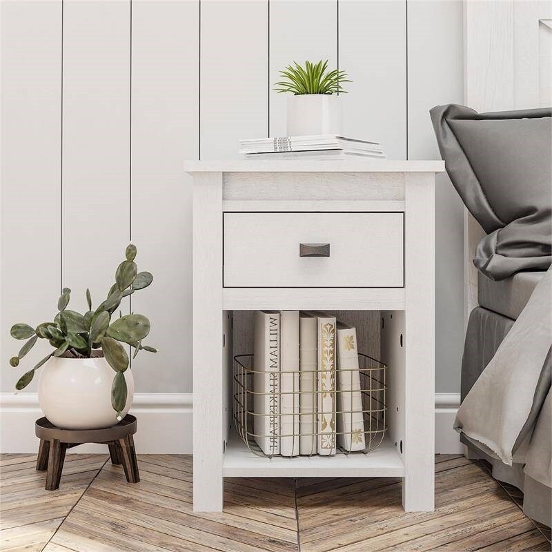 Farmhouse 1 Drawer Bedroom Nightstand with Open Shelf