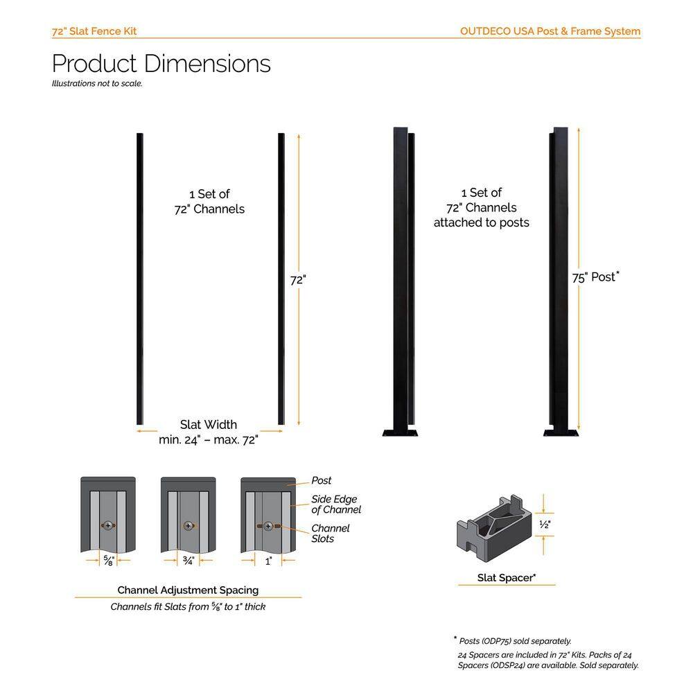 OUTDECO 72 in. Black Galvanized Steel Adjustable Slat Fence Frame Kit ODSL6